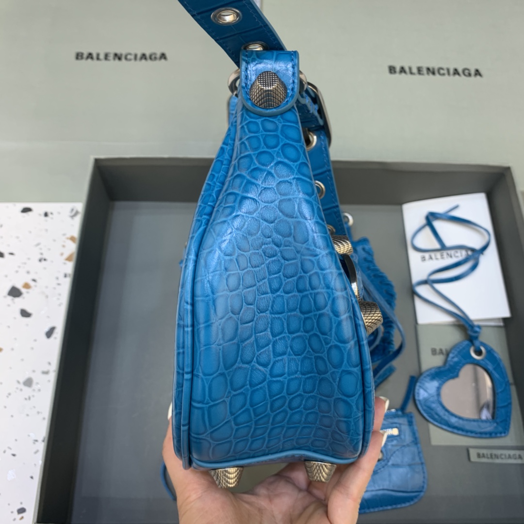 Balenciaga Le Cagole Small Shoulder Bag Crocodile Embossed Blue